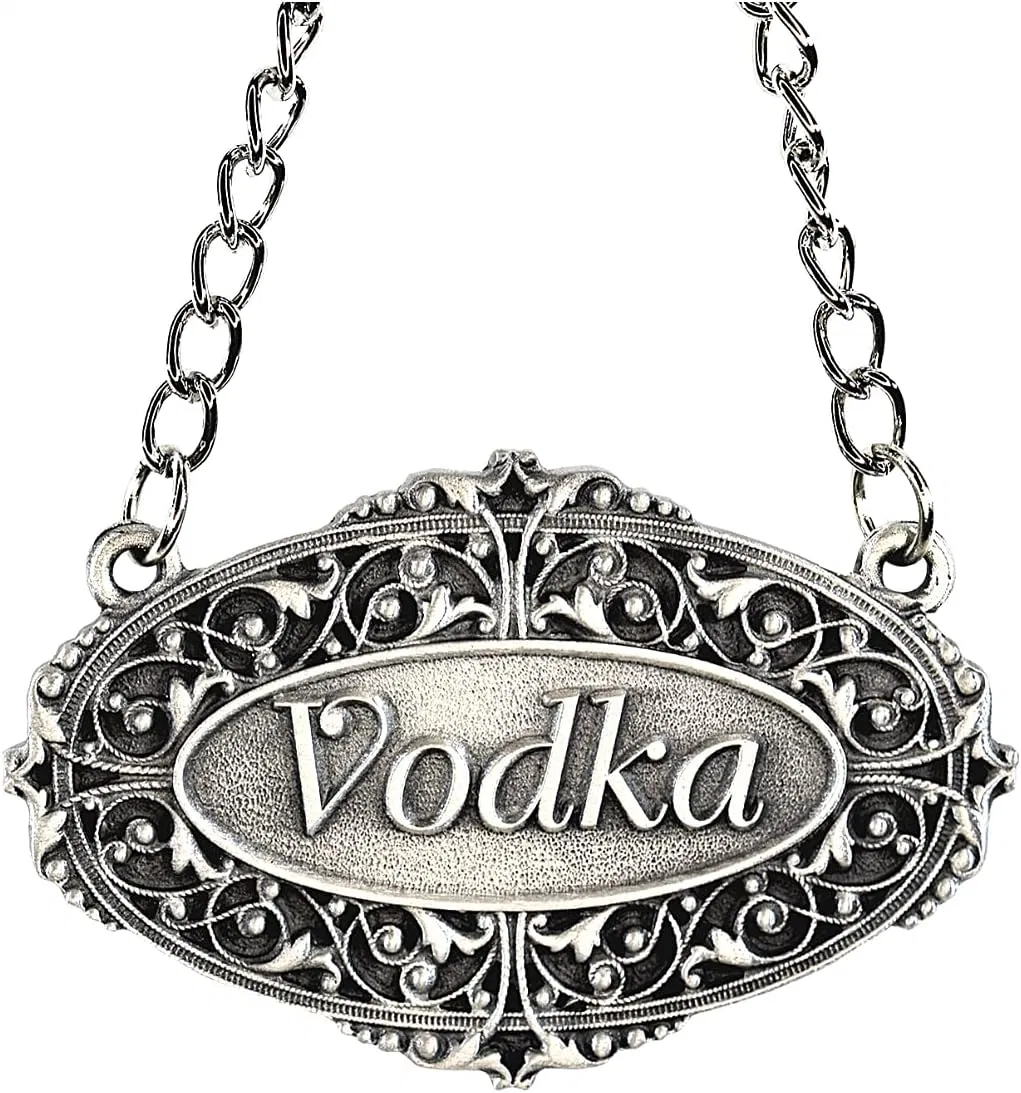 Custom Vagabond House Pewter Classic Vodka Decanter Tag Metal Liquor Bottle Label